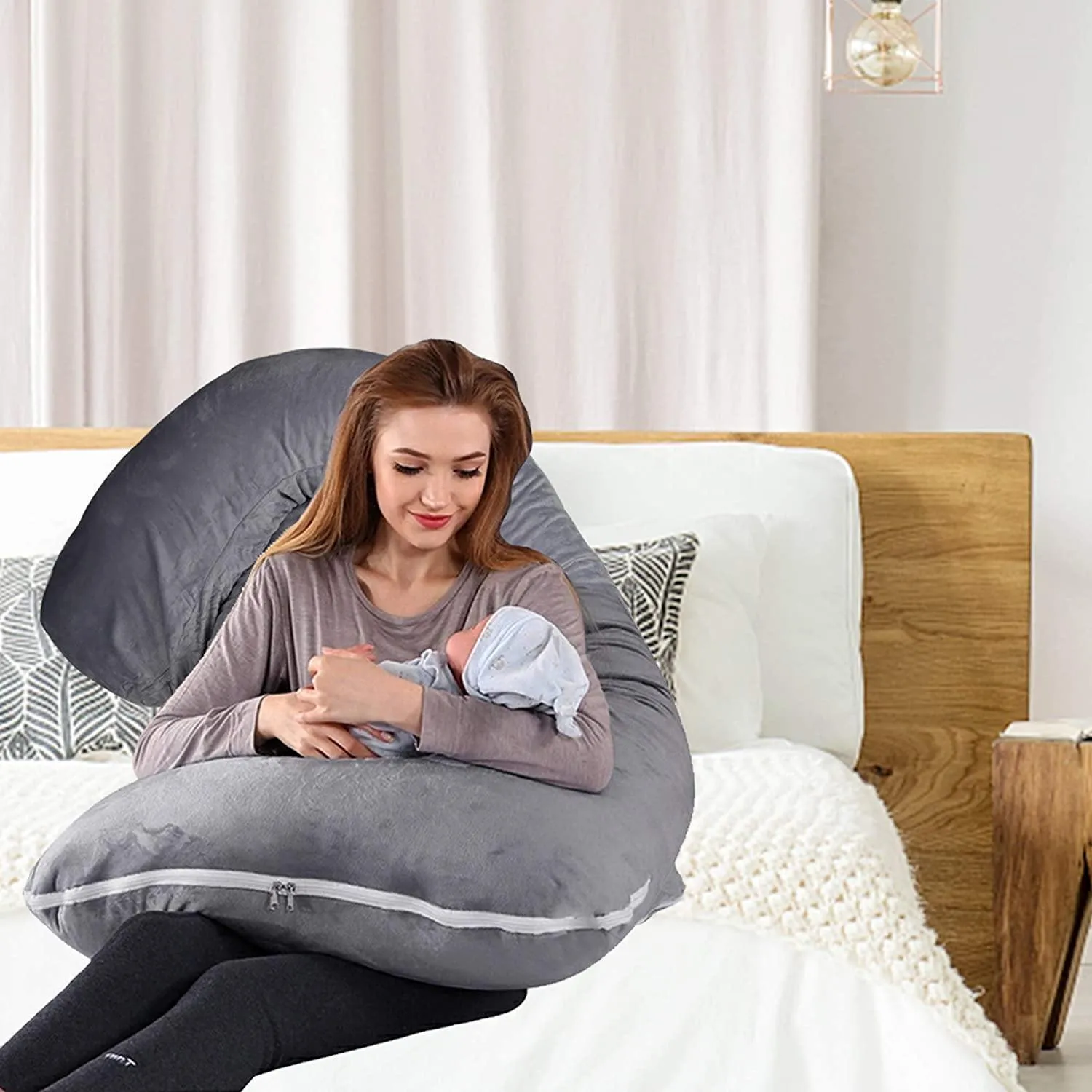 J-Shape Full Body Pillow 55 Inch Maternity Pillow with Washable Velvet Cover Nursing Support Cushion, Support for Back