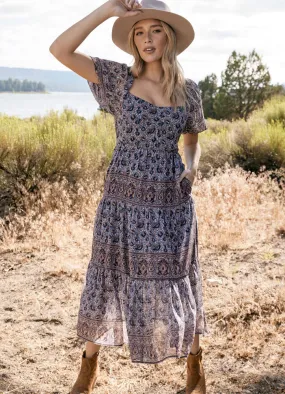 Loleta Smocked Back Midi-Dress in Orange/Blue by Flag & Anthem