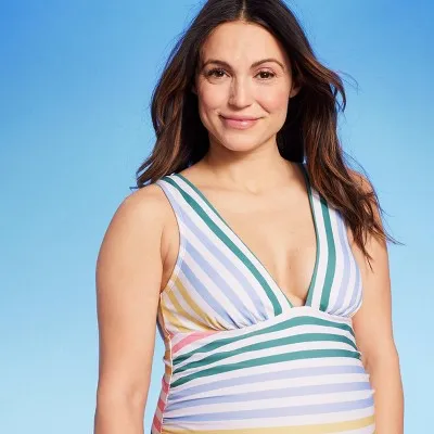New - Isabel Maternity Deep V Neck One Piece Maternity Swimsuit, Striped M