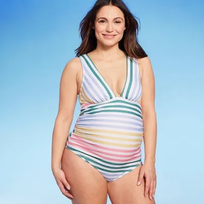 New - Isabel Maternity Deep V Neck One Piece Maternity Swimsuit, Striped M