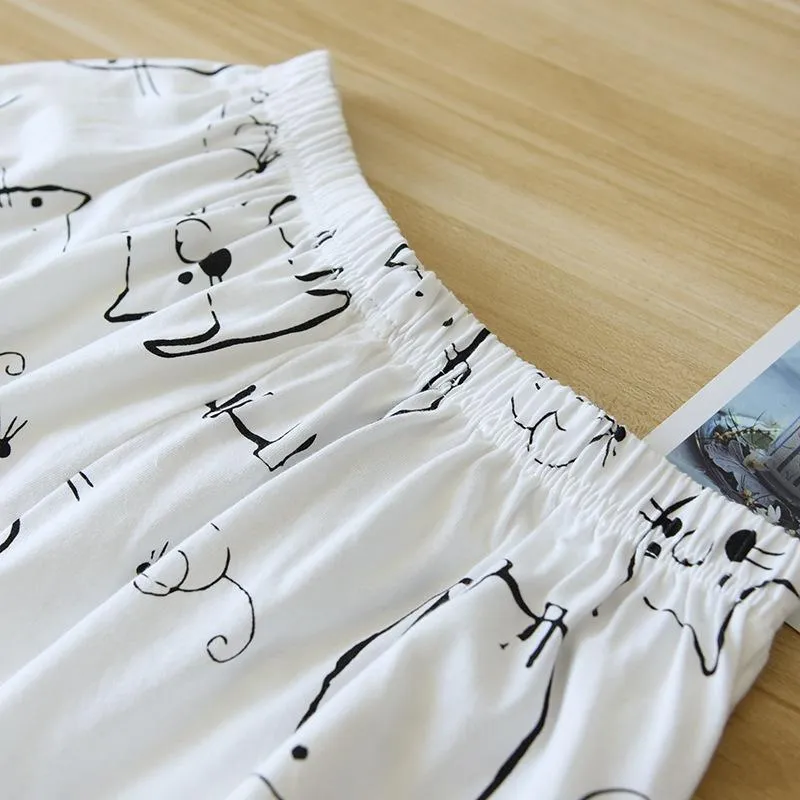 Pencil Cat! Summer New Ladies Pajamas Two-piece Large Size Short-sleeved Shorts Thin 100%Cotton Comic Cartoon Loose Home Service