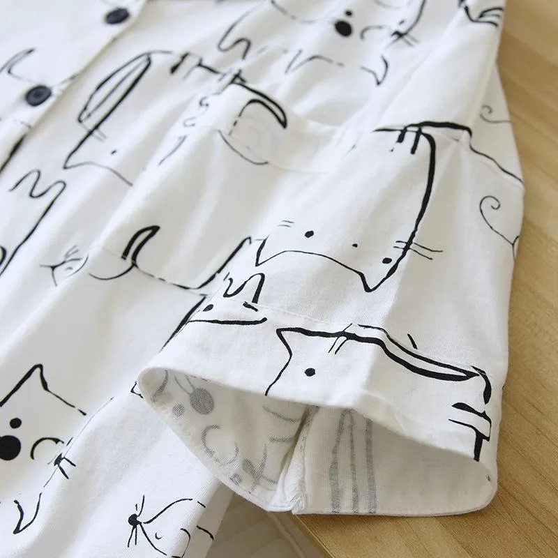 Pencil Cat! Summer New Ladies Pajamas Two-piece Large Size Short-sleeved Shorts Thin 100%Cotton Comic Cartoon Loose Home Service