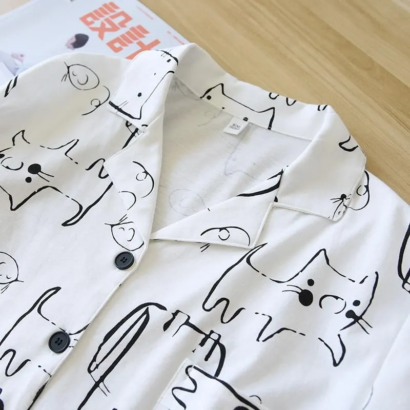 Pencil Cat! Summer New Ladies Pajamas Two-piece Large Size Short-sleeved Shorts Thin 100%Cotton Comic Cartoon Loose Home Service