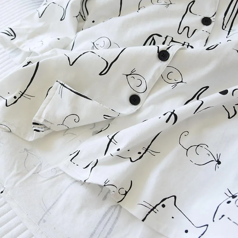 Pencil Cat! Summer New Ladies Pajamas Two-piece Large Size Short-sleeved Shorts Thin 100%Cotton Comic Cartoon Loose Home Service