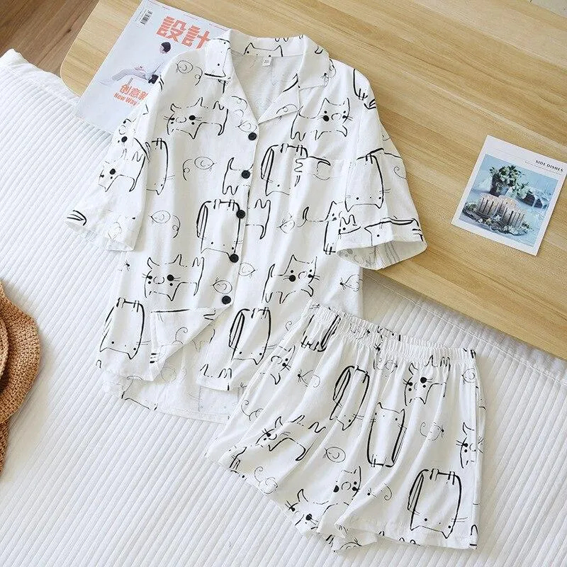 Pencil Cat! Summer New Ladies Pajamas Two-piece Large Size Short-sleeved Shorts Thin 100%Cotton Comic Cartoon Loose Home Service