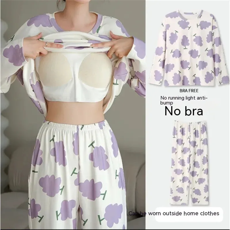 Plus Size New with Chest Pad Spring Long Sleeve Loose Home Casual Wearable Comfortable Stylish Trendy Ins Cute Women's Pajamas