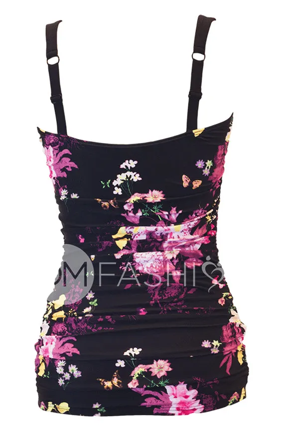 Ruched Bandeau Tankini Top - Black Floral - FINAL SALE - FINAL FEW