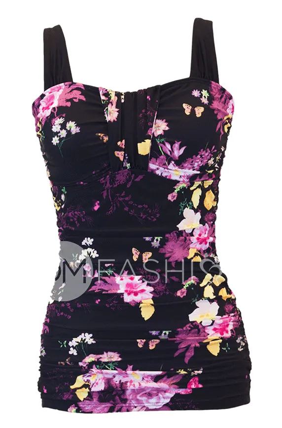 Ruched Bandeau Tankini Top - Black Floral - FINAL SALE - FINAL FEW